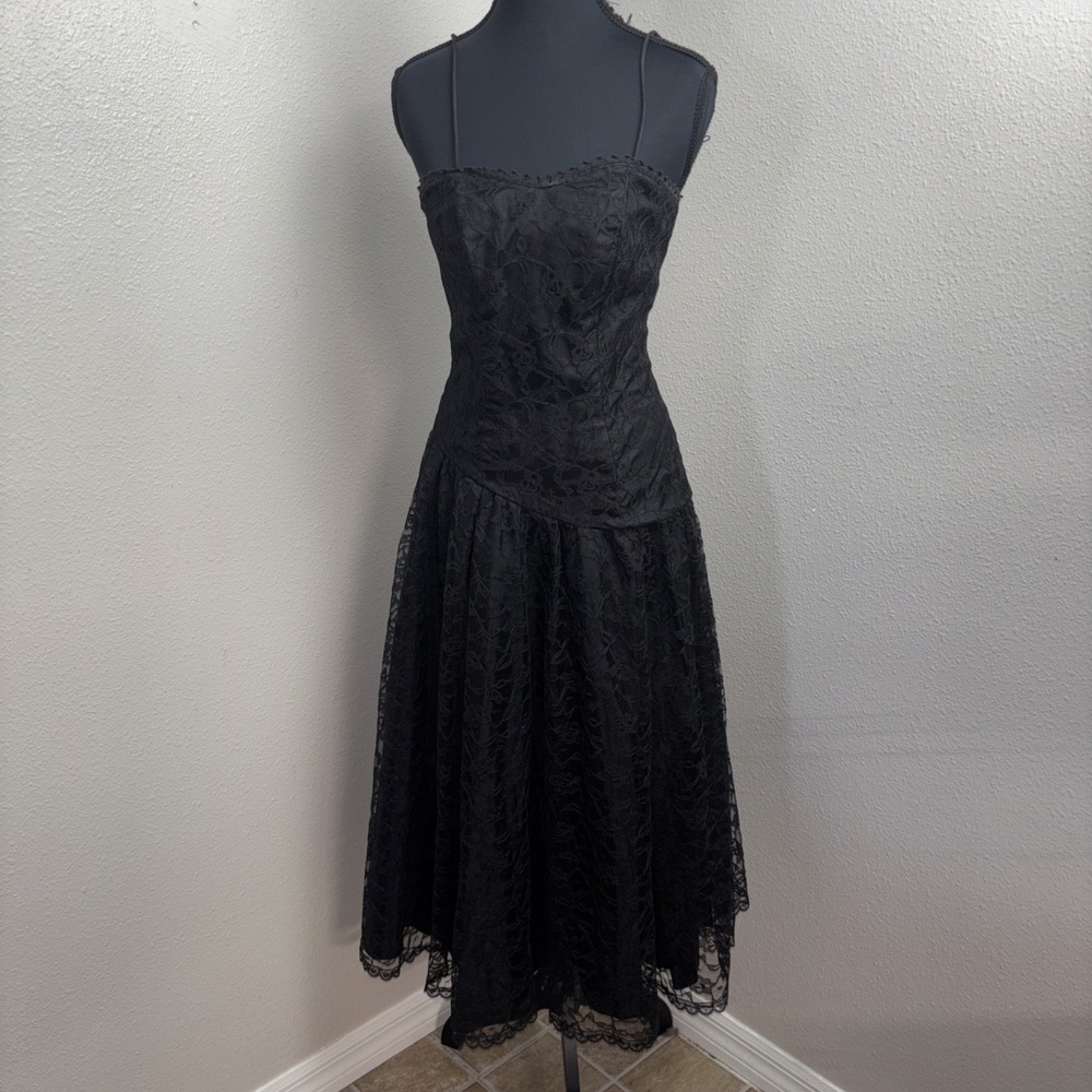 Vtg By Warell Drop Waist Dress Women's 5/6 Black Lace Whimsigoth‎ Princess Party
